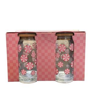 Peppermint & Pine Christmas Peppermint Candy Glass Tumblers w/ Lid Set of 2 PINK